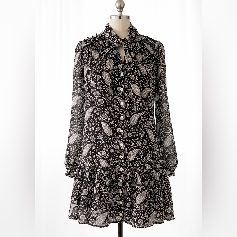 Cleobella Betz Mini Dress Black Paisley Tie Neck Sheer Sleeve Size S